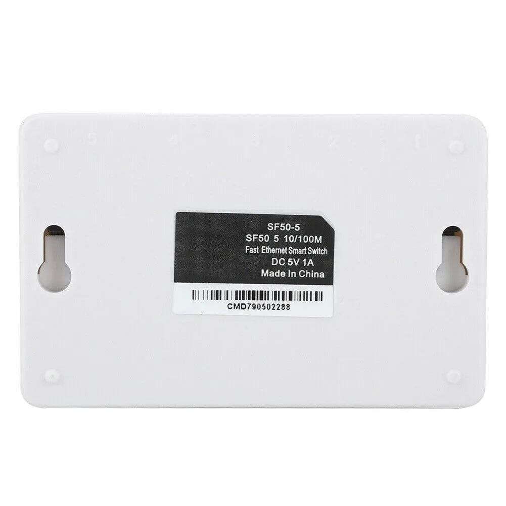 White 5-port 100 Mbps Ethernet switch with compact dimensions 82x49x21mm