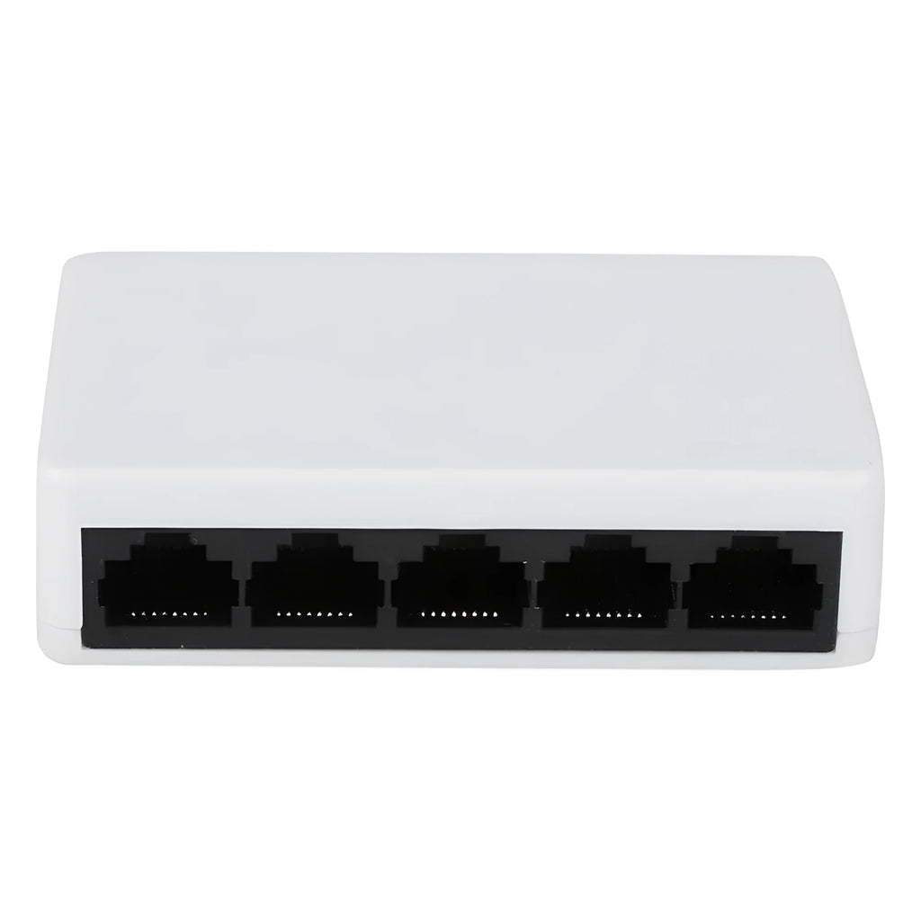 White 5-port 100 Mbps Ethernet switch with compact dimensions 82x49x21mm
