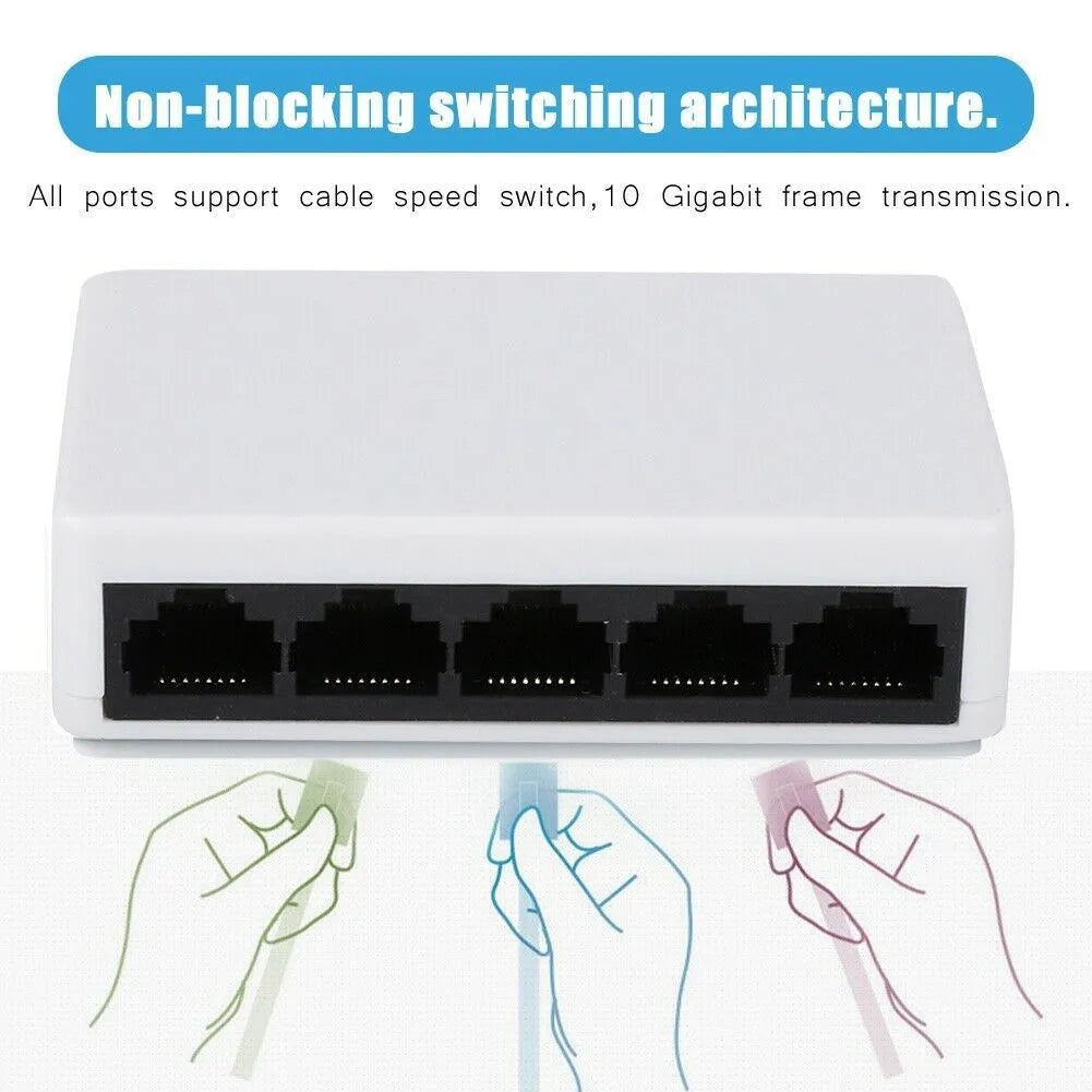 White 5-port 100 Mbps Ethernet switch with compact dimensions 82x49x21mm