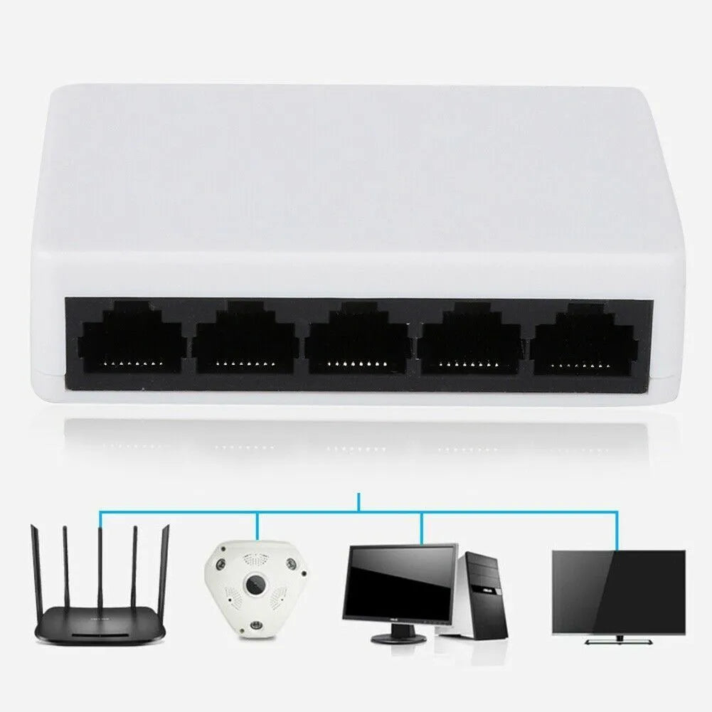 White 5-port 100 Mbps Ethernet switch with compact dimensions 82x49x21mm