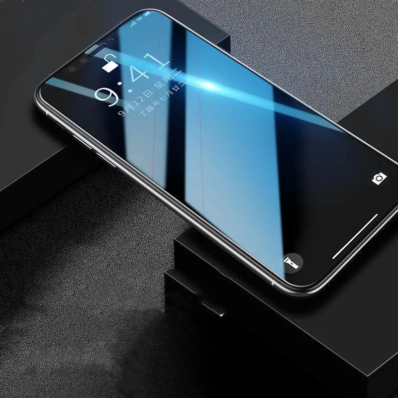 Tempered glass screen protector for multiple iPhone models in black, transparent and white colours.