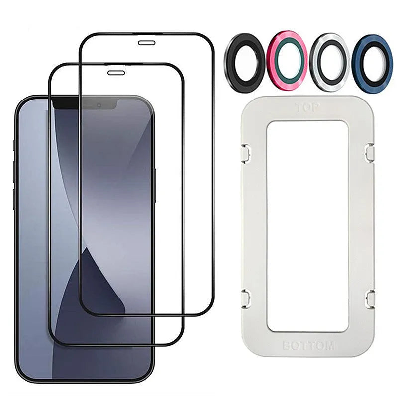Tempered glass screen protector for multiple iPhone models in black, transparent and white colours.