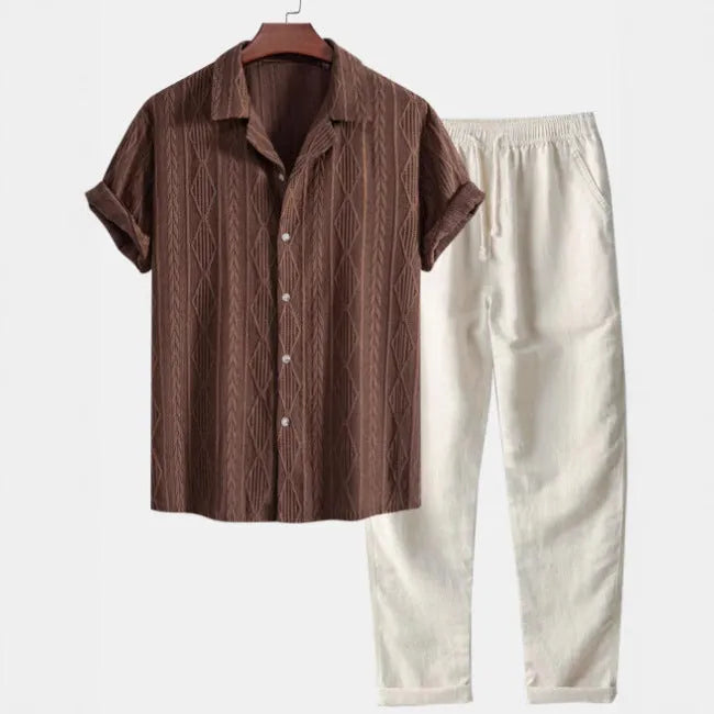 Men's slim fit camouflage print short-sleeve shirt and trousers casual suit set