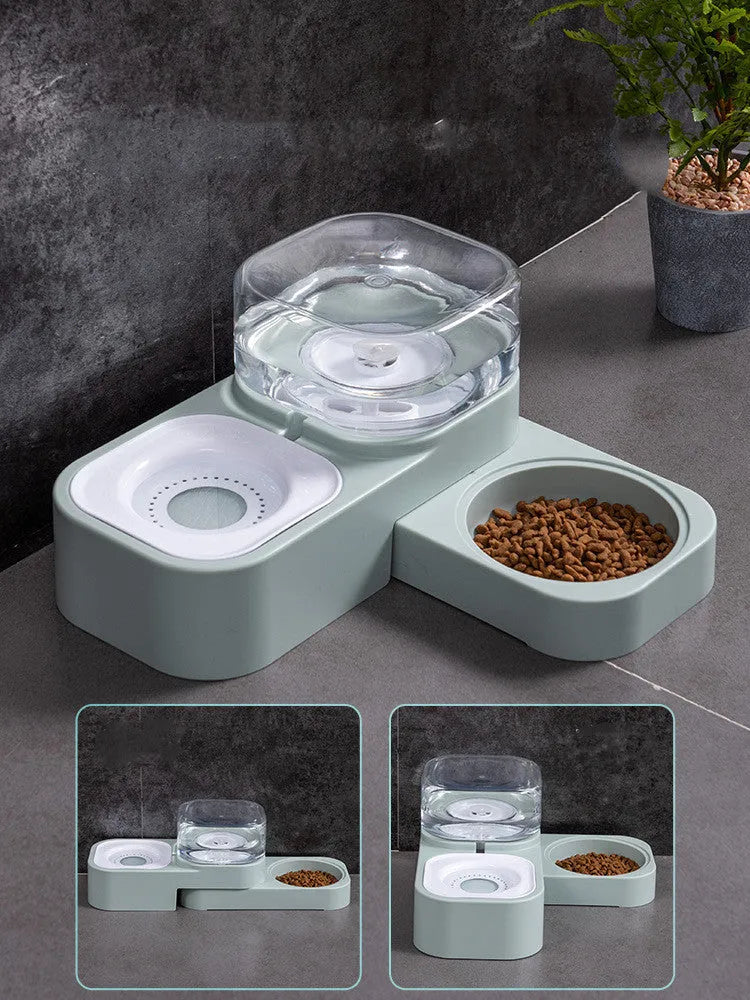 Double bowl automatic cat drinking fountain and feeder in plastic, available in gray, green, and pink