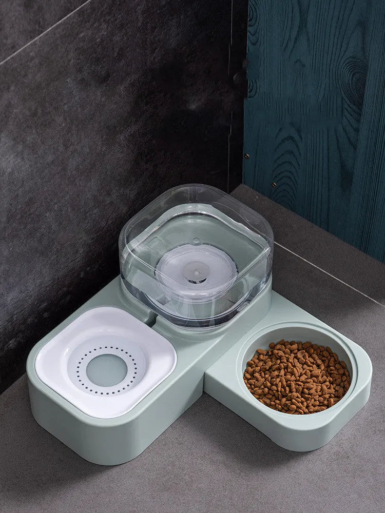 Double bowl automatic cat drinking fountain and feeder in plastic, available in gray, green, and pink