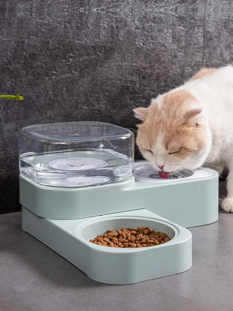 Double bowl automatic cat drinking fountain and feeder in plastic, available in gray, green, and pink