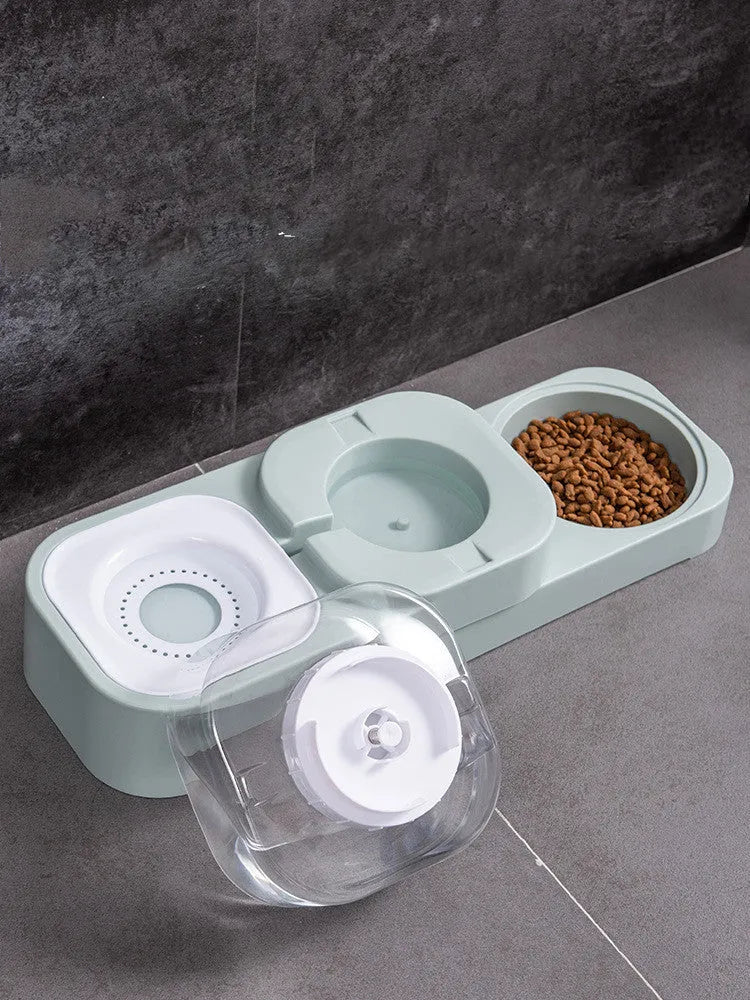 Double bowl automatic cat drinking fountain and feeder in plastic, available in gray, green, and pink