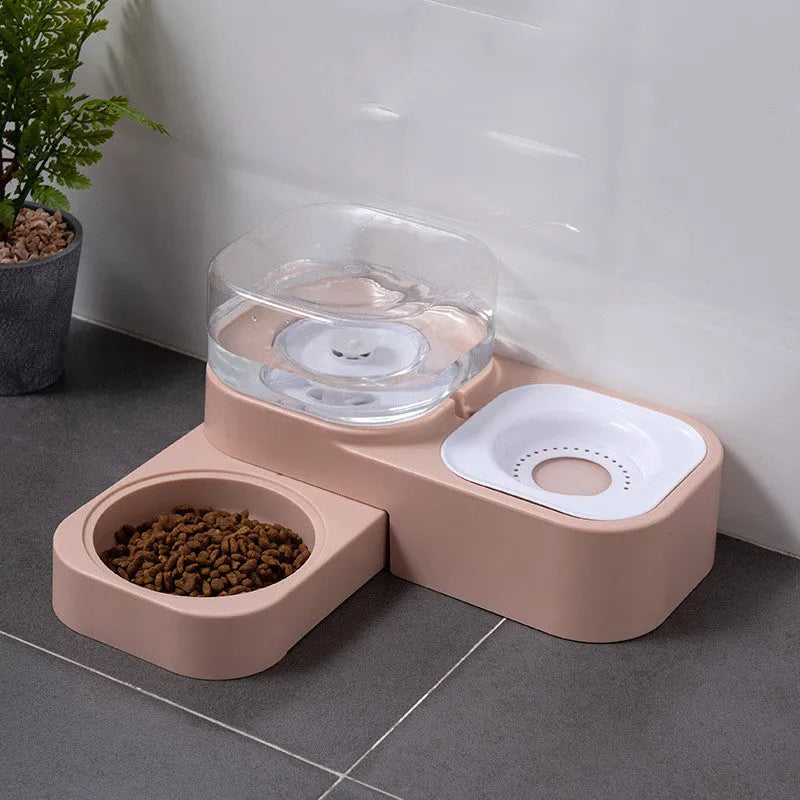 Double bowl automatic cat drinking fountain and feeder in plastic, available in gray, green, and pink