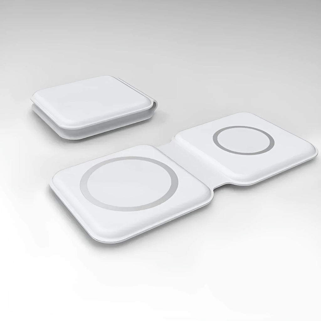White foldable magnetic wireless charging dock showing two charging surfaces on a desk.