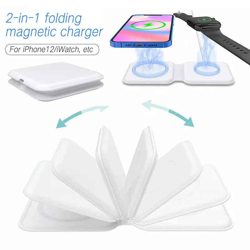 White foldable magnetic wireless charging dock showing two charging surfaces on a desk.