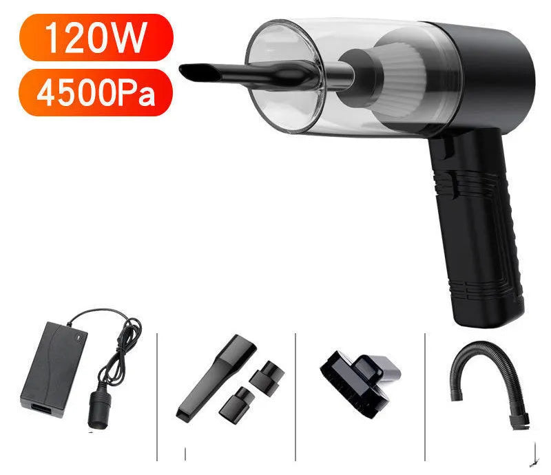 Starry Sky Black handheld car vacuum cleaner with attachments on a car seat.