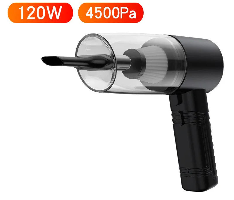 Starry Sky Black handheld car vacuum cleaner with attachments on a car seat.