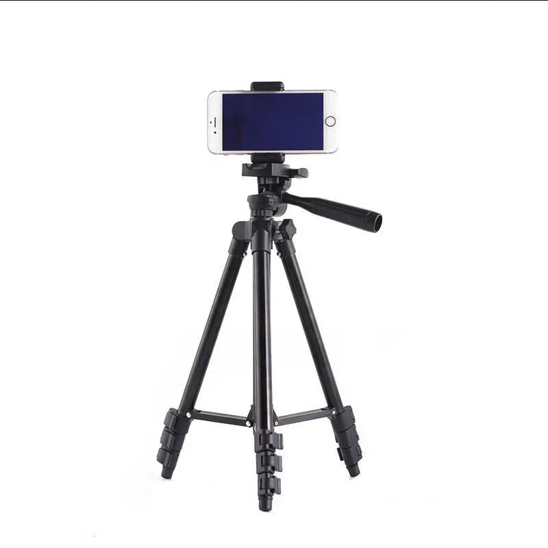 Black aluminium tripod with 4 sections and a 3D head, shown extended and collapsed.
