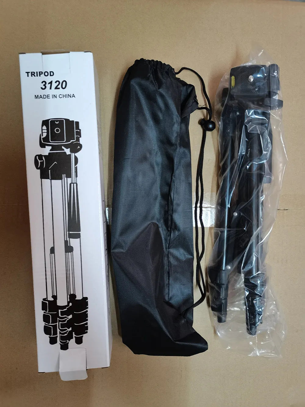 Black aluminium tripod with 4 sections and a 3D head, shown extended and collapsed.