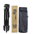 Black aluminium tripod with 4 sections and a 3D head, shown extended and collapsed.