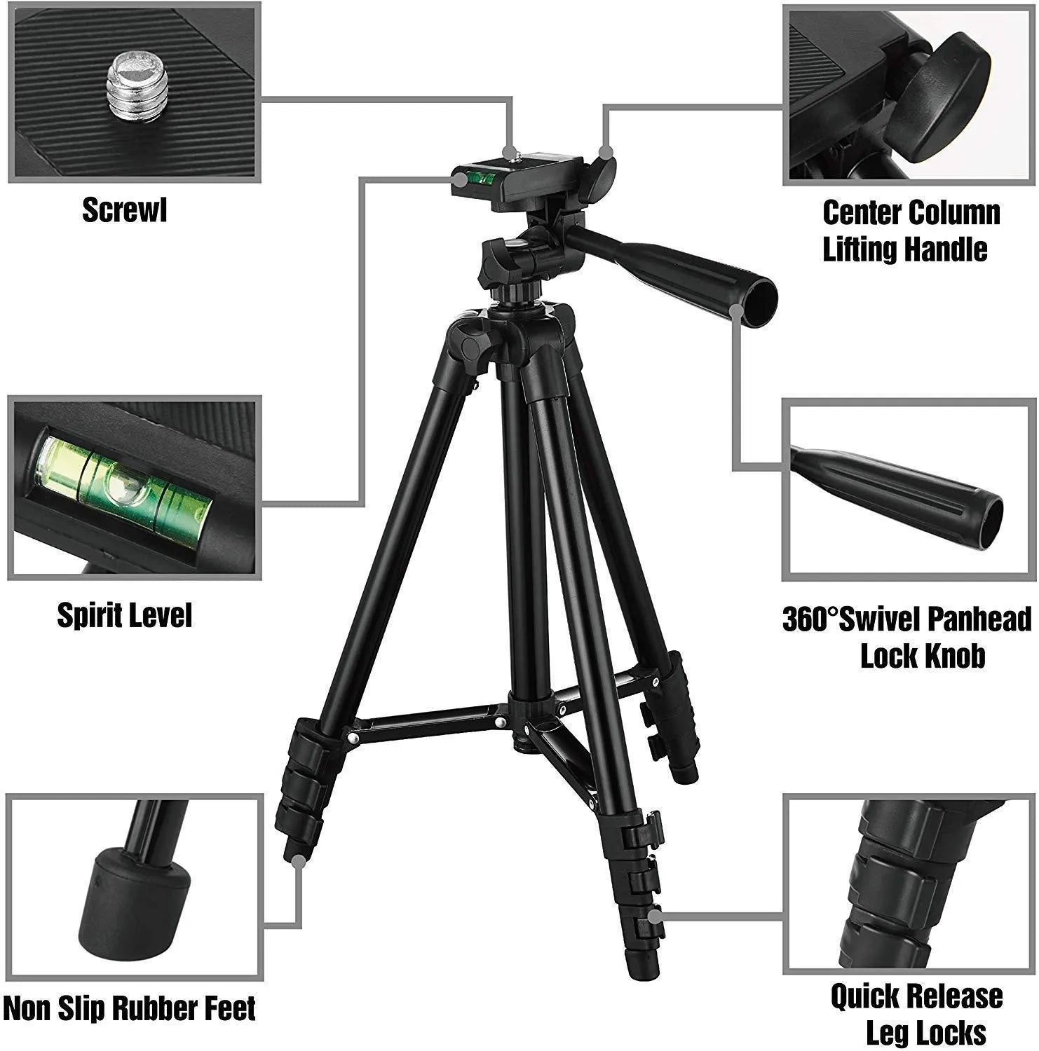 Black aluminium tripod with 4 sections and a 3D head, shown extended and collapsed.