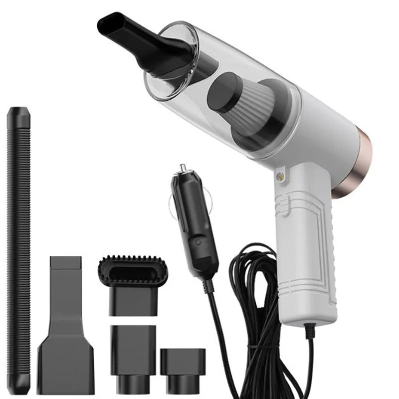 Starry Sky Black handheld car vacuum cleaner with attachments on a car seat.