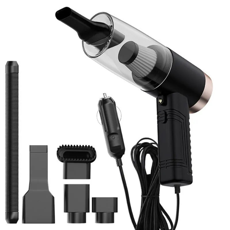 Starry Sky Black handheld car vacuum cleaner with attachments on a car seat.