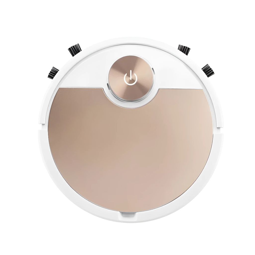 Silver or golden intelligent robot vacuum cleaner with remote control on a hardwood floor