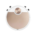 Silver or golden intelligent robot vacuum cleaner with remote control on a hardwood floor