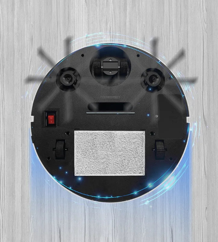 Silver or golden intelligent robot vacuum cleaner with remote control on a hardwood floor
