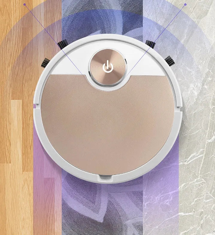 Silver or golden intelligent robot vacuum cleaner with remote control on a hardwood floor