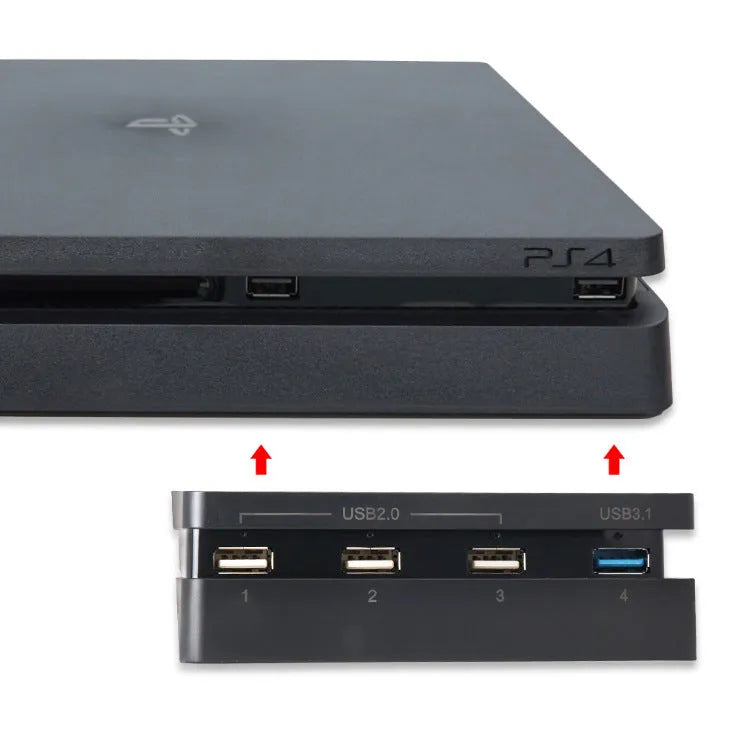 Black PS4 Slim USB hub extender showing USB 3.0 and 2.0 ports for console connectivity.