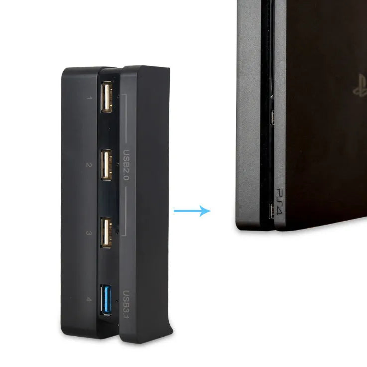 Black PS4 Slim USB hub extender showing USB 3.0 and 2.0 ports for console connectivity.