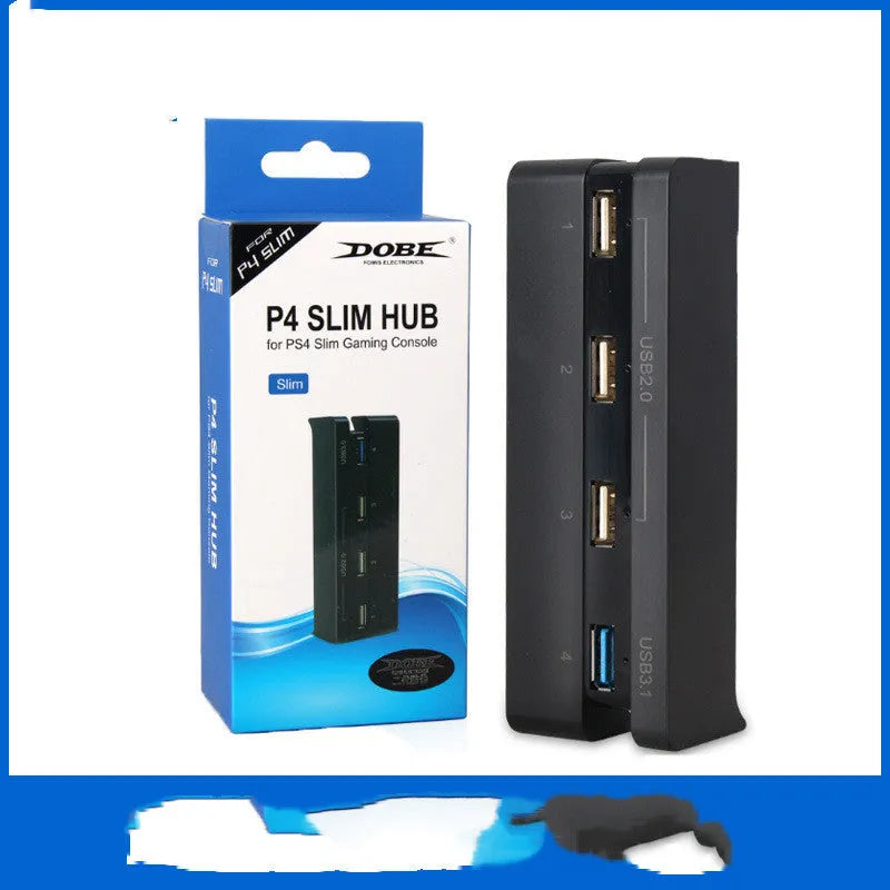 Black PS4 Slim USB hub extender showing USB 3.0 and 2.0 ports for console connectivity.