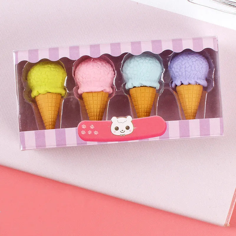 Assortment of 12 colourful cartoon food shaped pencil erasers including ice cream cones, donuts, and lollipops.