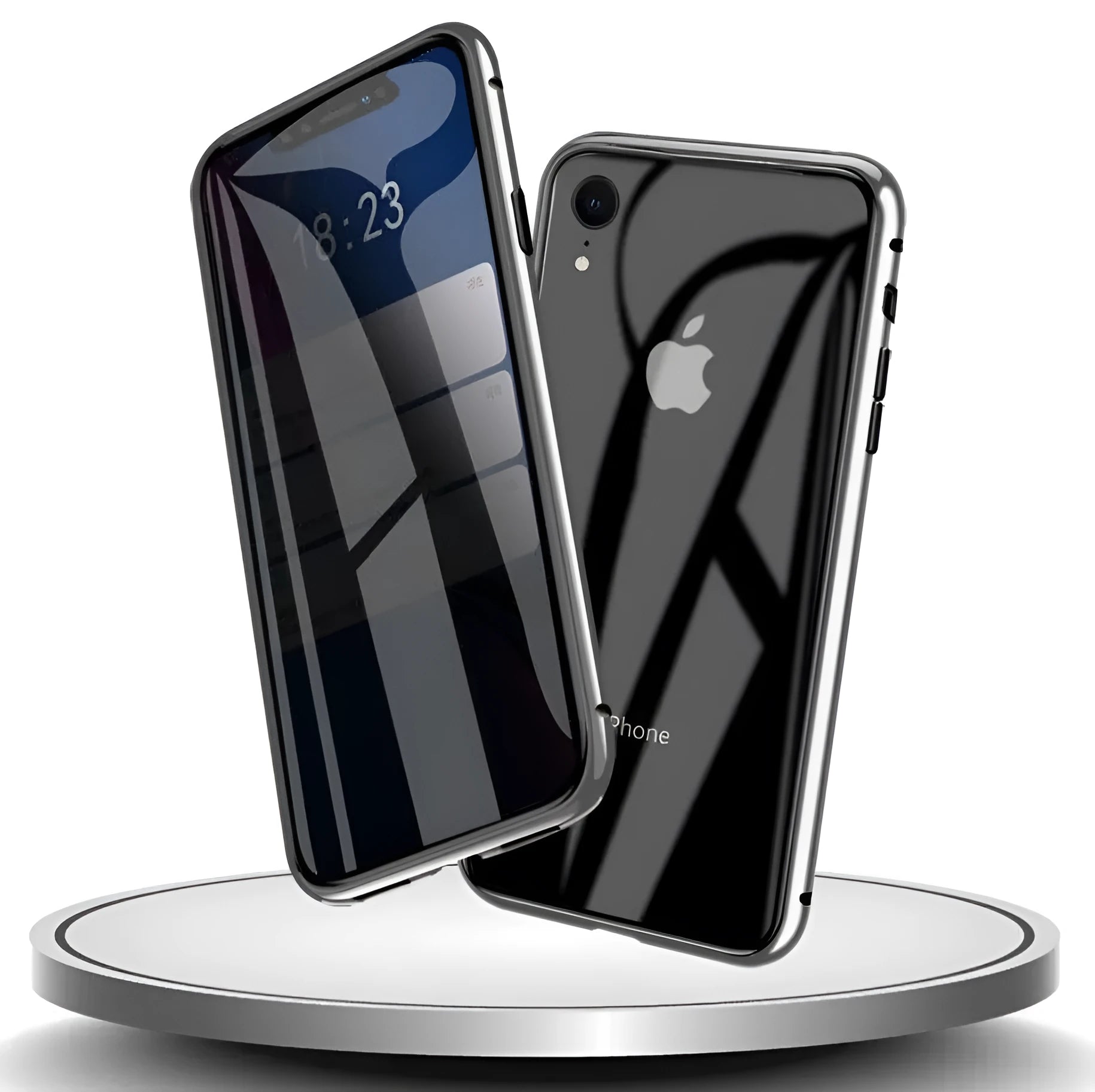 Glass clamshell anti-spy phone case with geometric design in multiple colours for iPhone models.