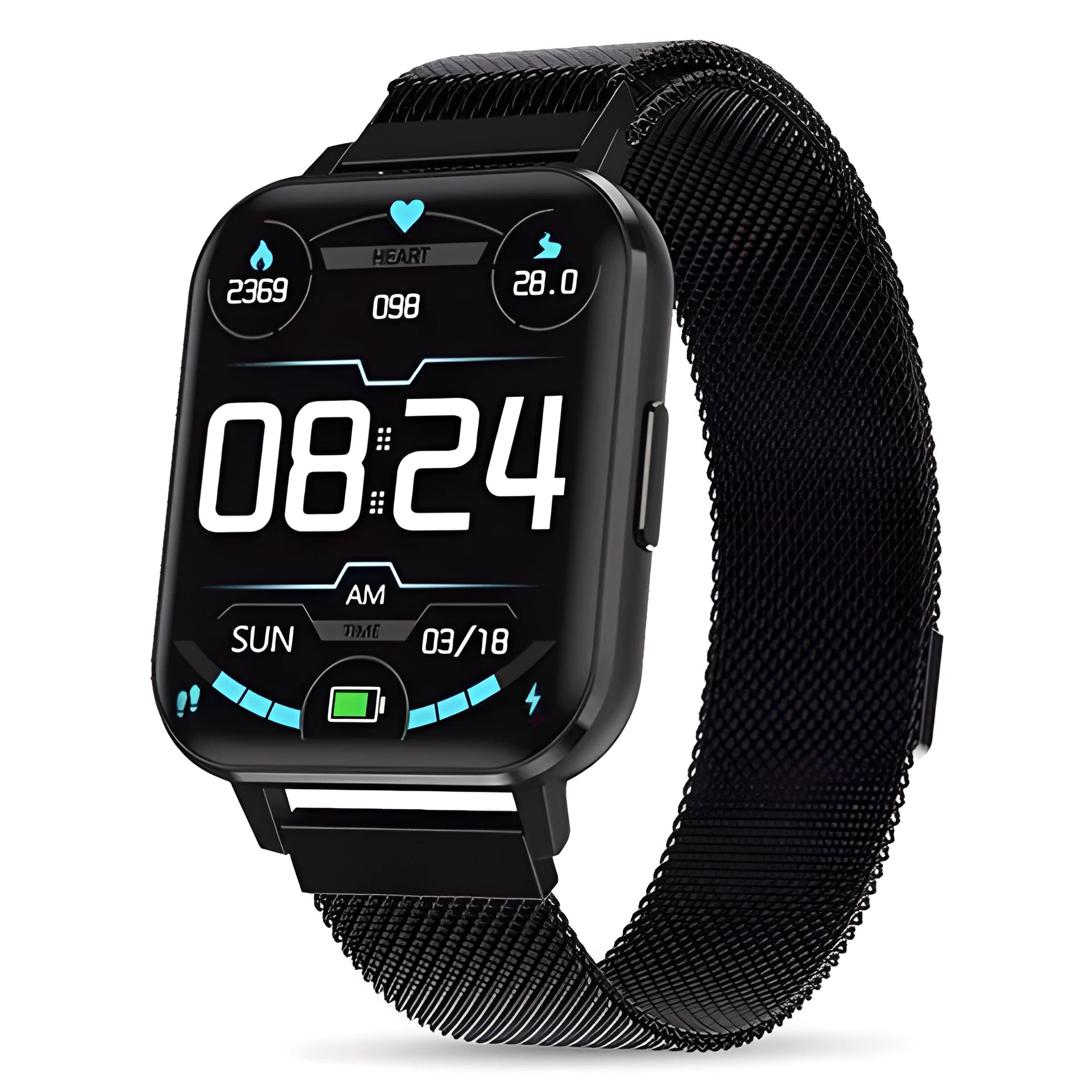 DTX Smart Watch with 1.78-inch screen showing fitness stats, paired with a black steel wristband