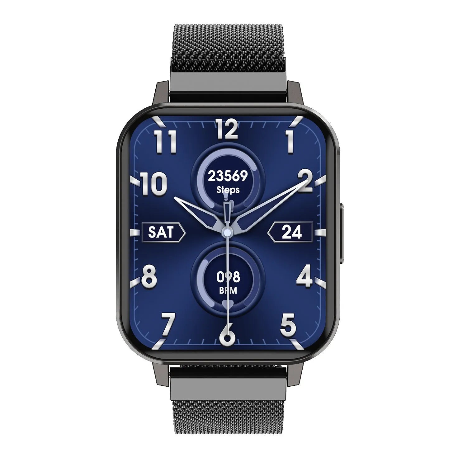 DTX Smart Watch with 1.78-inch screen showing fitness stats, paired with a black steel wristband