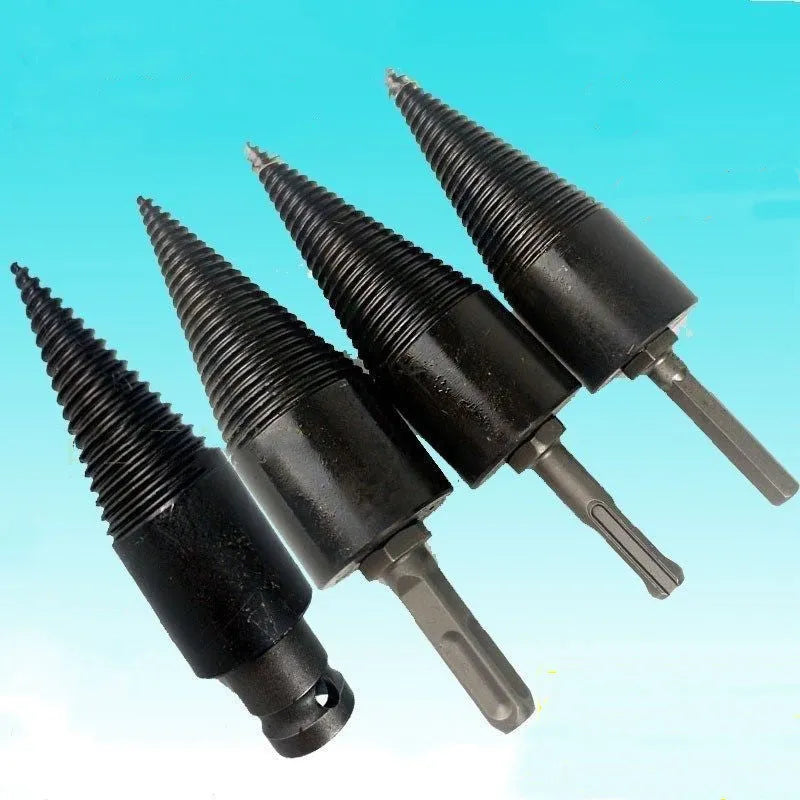 A steel firewood-splitting drill bit with a pointed cone and hexagonal shank for electric drills.