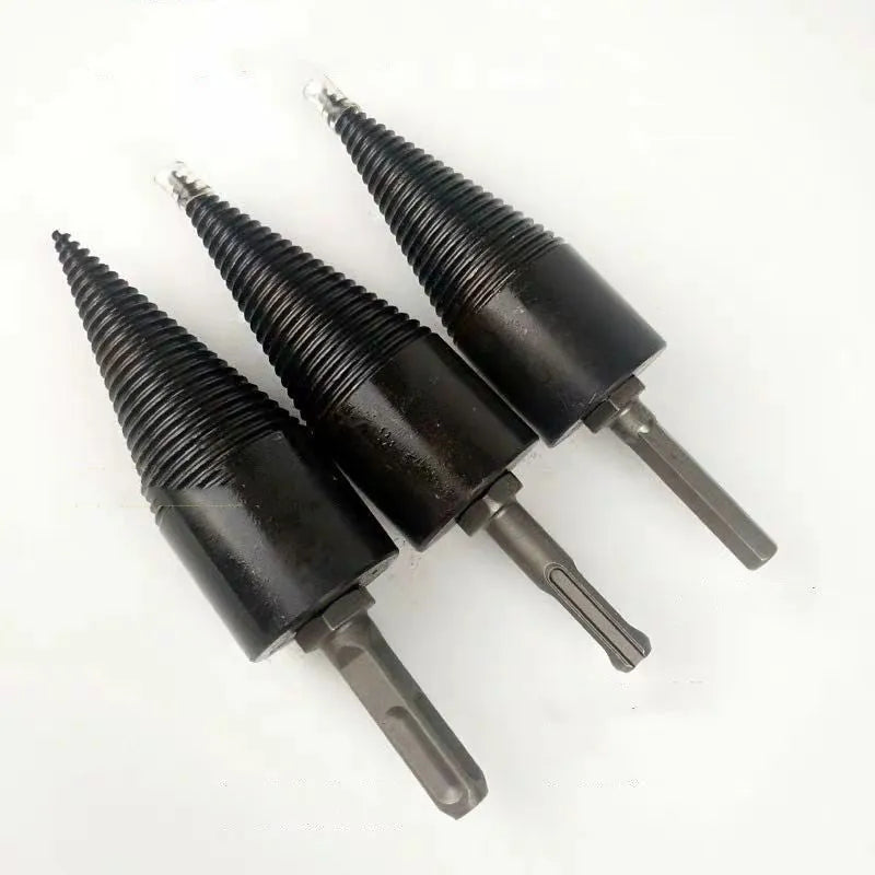 A steel firewood-splitting drill bit with a pointed cone and hexagonal shank for electric drills.