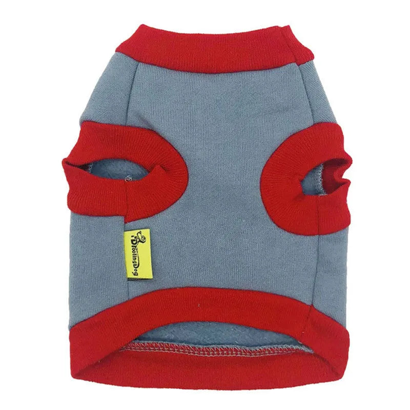 Fleece dog vest in blue on small breed dog with size chart measurements