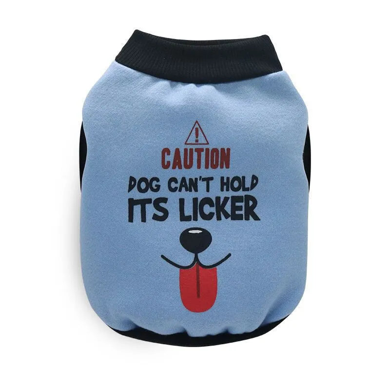 Fleece dog vest in blue on small breed dog with size chart measurements