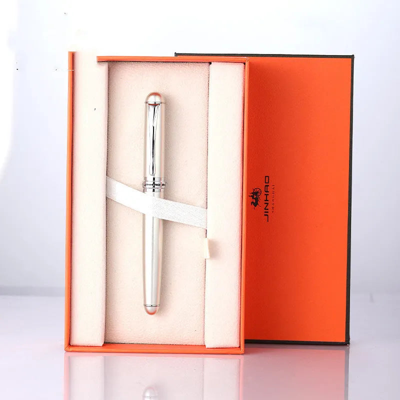 Jinhao X750 fountain pen with iridium nib and glossy metal barrel, champagne silver finish, gift box packaging