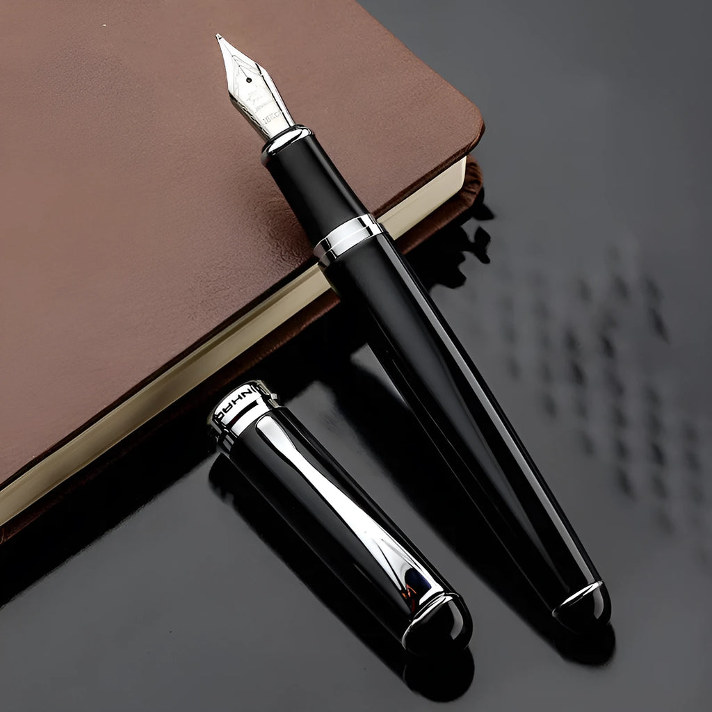 Jinhao X750 fountain pen with iridium nib and glossy metal barrel, champagne silver finish, gift box packaging