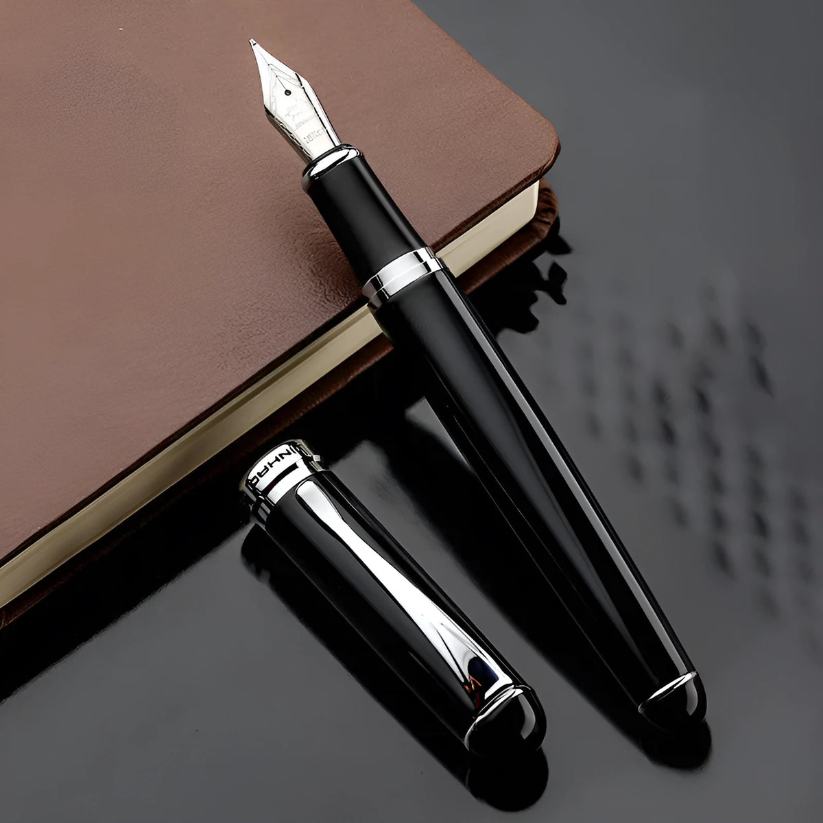 Jinhao X750 fountain pen with iridium nib and glossy metal barrel, champagne silver finish, gift box packaging