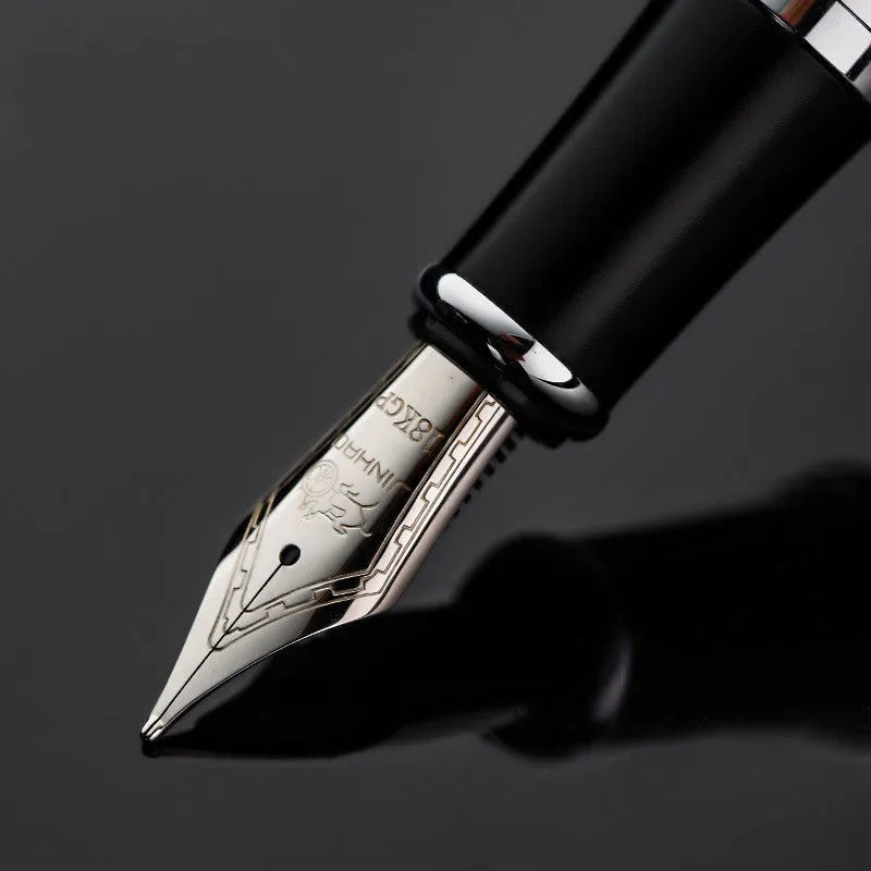 Jinhao X750 fountain pen with iridium nib and glossy metal barrel, champagne silver finish, gift box packaging