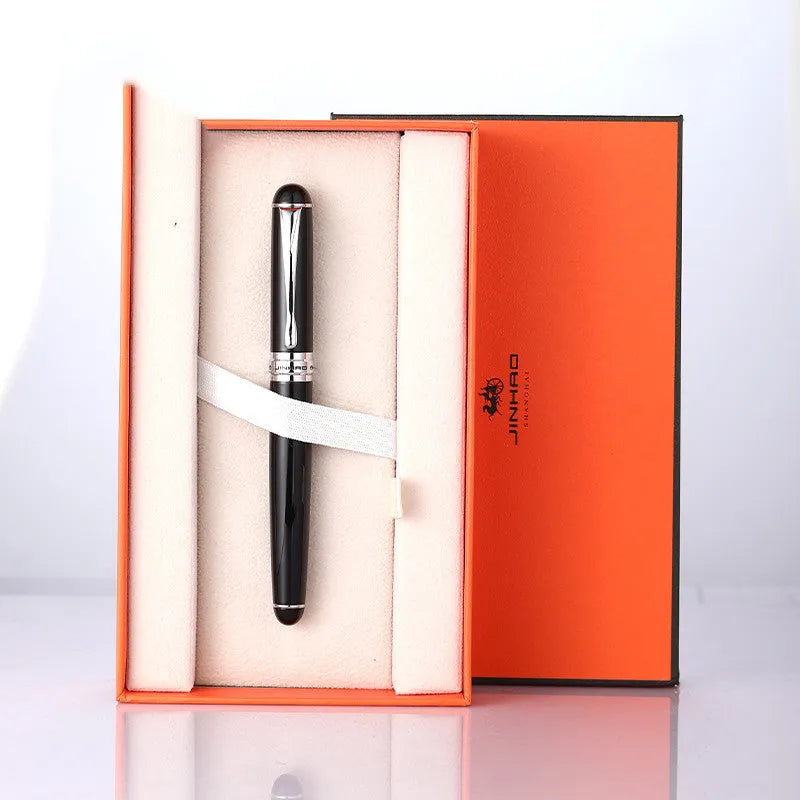 Jinhao X750 fountain pen with iridium nib and glossy metal barrel, champagne silver finish, gift box packaging