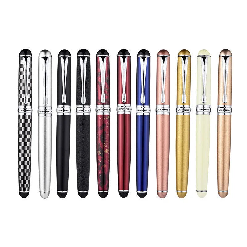 Jinhao X750 fountain pen with iridium nib and glossy metal barrel, champagne silver finish, gift box packaging