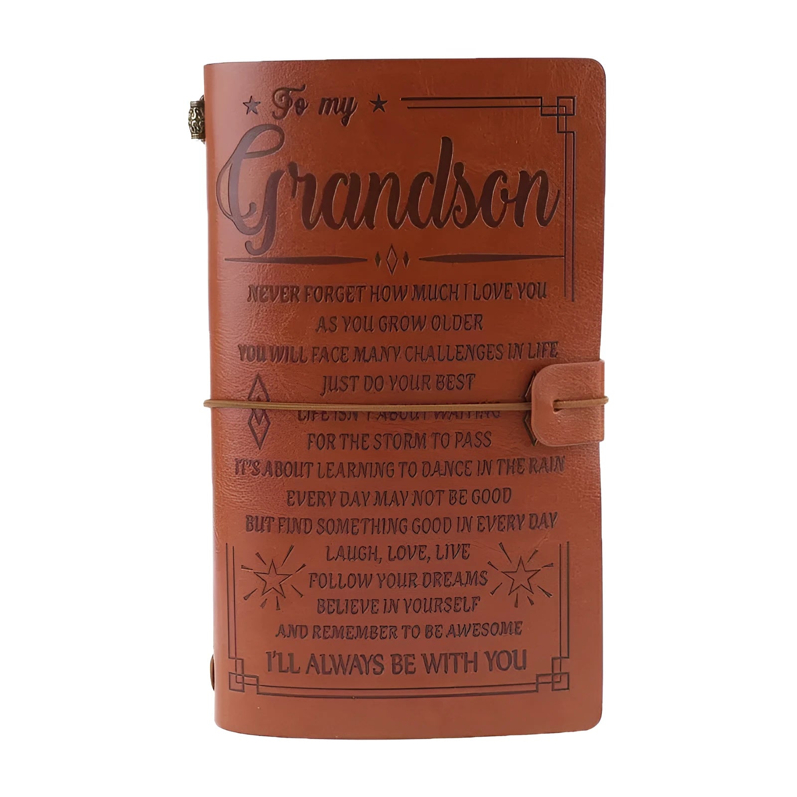 Brown leather hand ledger business notebook with strap binding closed