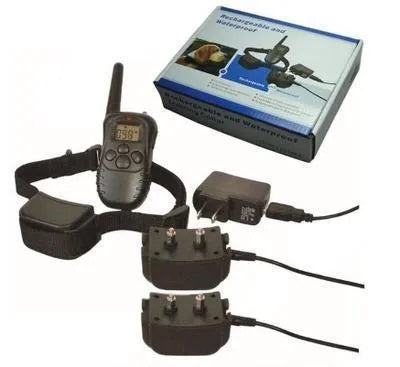 Waterproof remote control dog training device in black ABS casing with charging cable