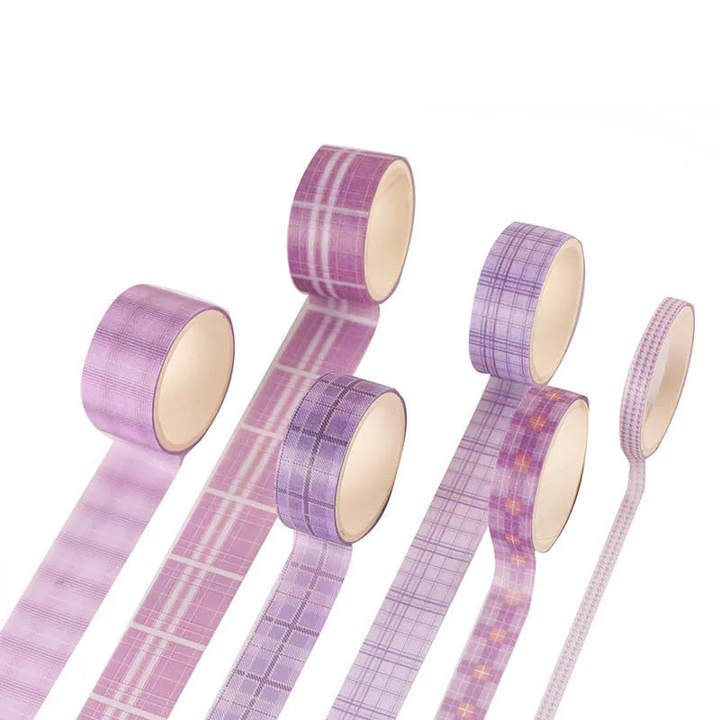 Set of six retro plaid and cute design washi tape rolls for hand account decoration in four different widths.