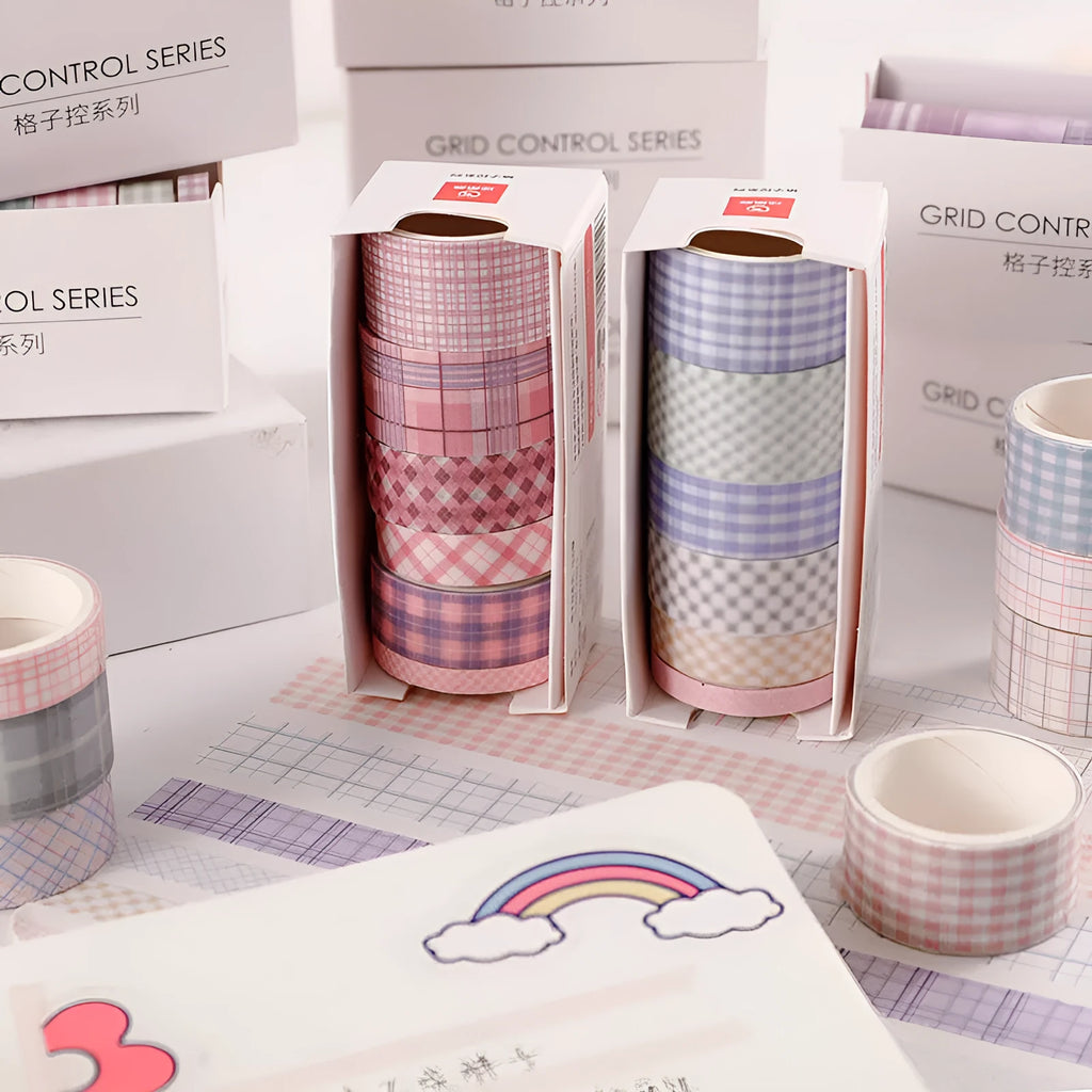 Set of six retro plaid and cute design washi tape rolls for hand account decoration in four different widths.