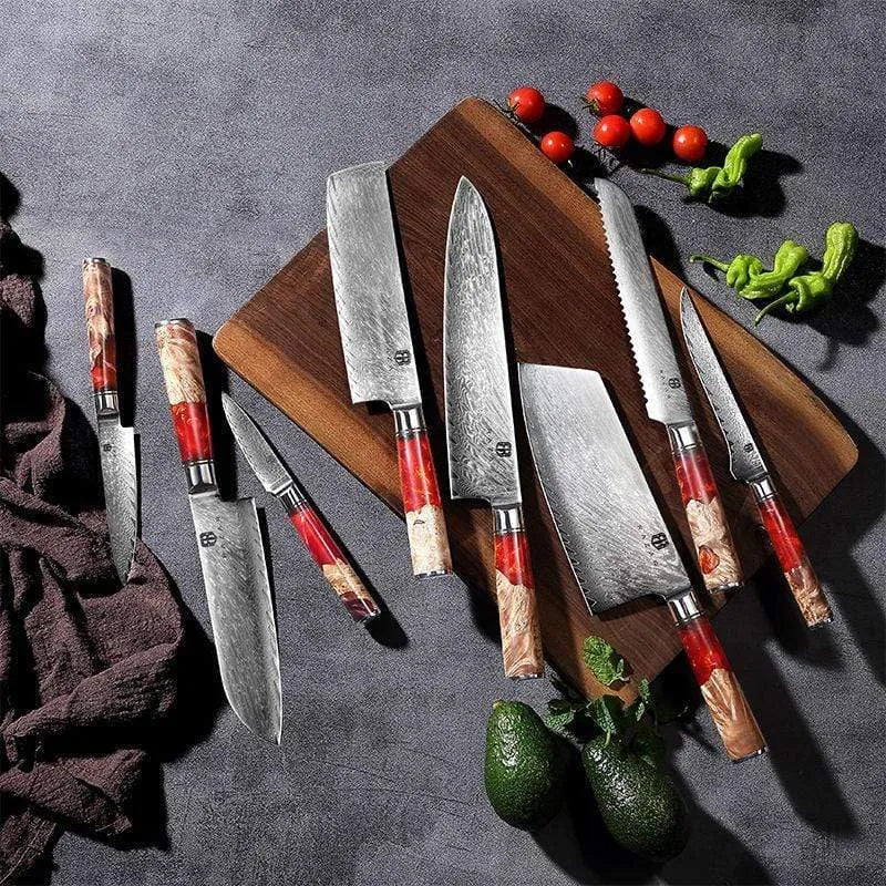 Damascus chef's knife with wood and epoxy resin handle, unique pattern blade, 8 inch size