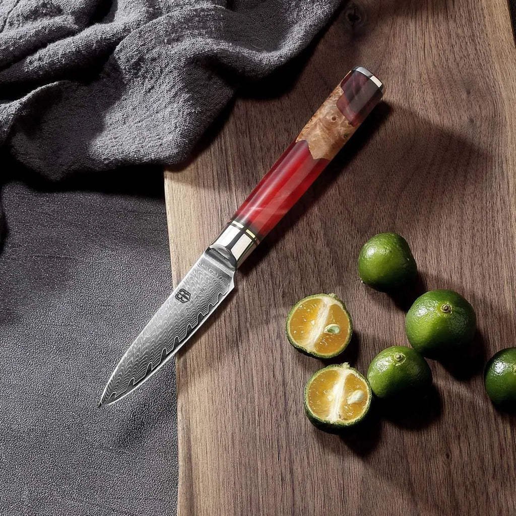 Damascus chef's knife with wood and epoxy resin handle, unique pattern blade, 8 inch size
