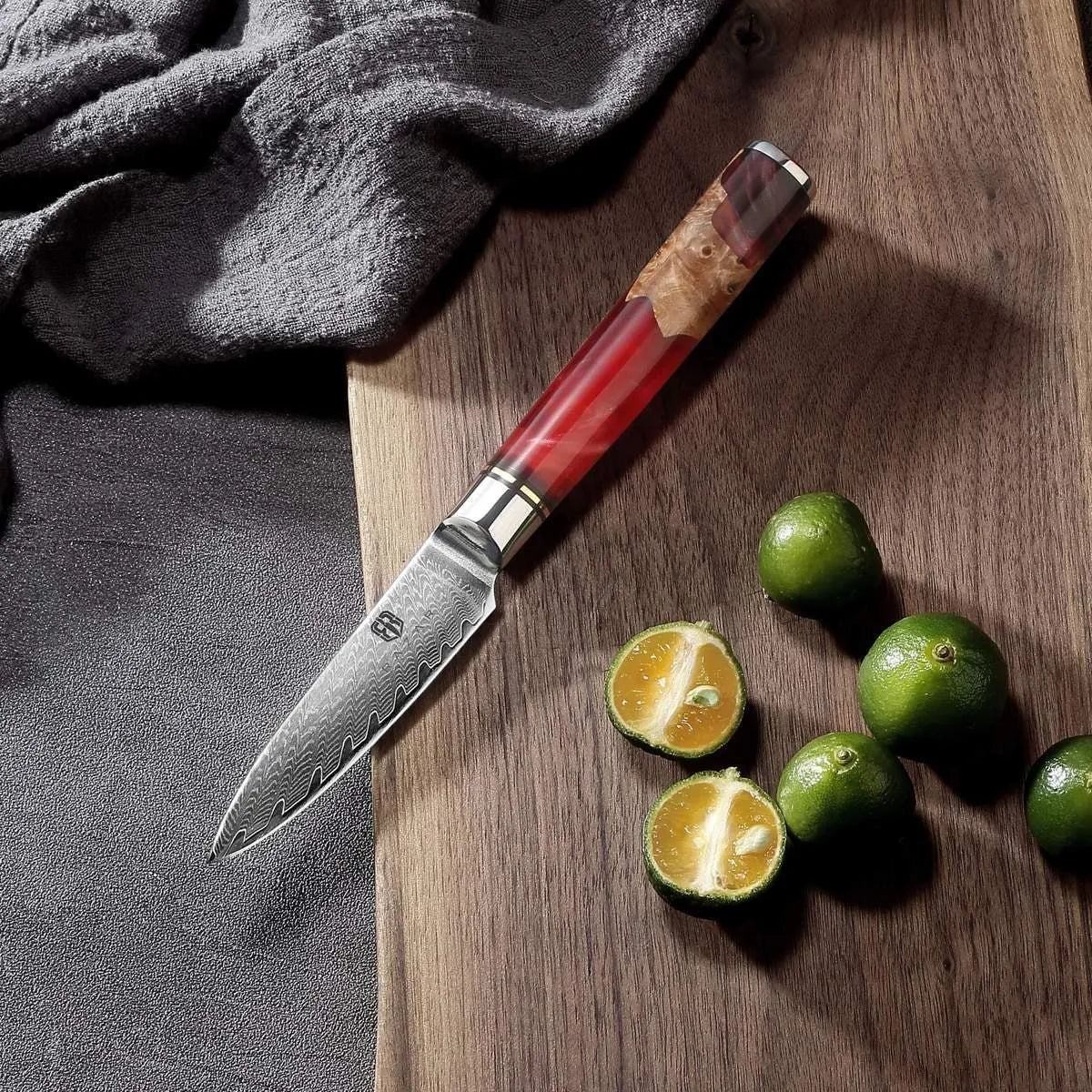Damascus chef's knife with wood and epoxy resin handle, unique pattern blade, 8 inch size